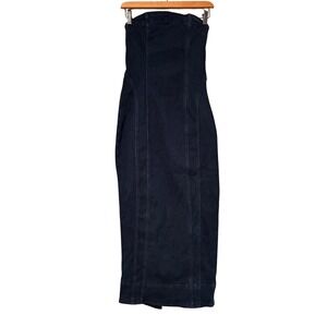 Anthropologie Pilcro Dark Wash Denim Strapless Maxi Dress Bodycon back slit SZ S